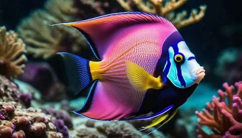 bioluminescent sea creatures, a beautiful pink Emperor Angelfish with long elegant fins and unique patterns, the Emperor Angelfish looks stunning against the backdrop of a colorful tropical coral reef