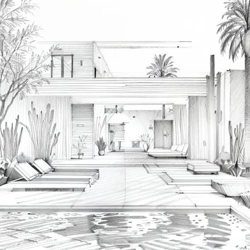 Sketch of a pool and a modern house,sketchup,medence ,modern ház,exterior design,hangulatos terasz,nonom style,Design Sketch,Design Sketch,Pencil Line Art