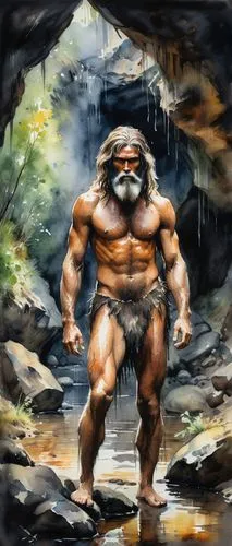 Extremely realistic image of a (cave man) in the forest with skinny muscular body. On raining. Extreme angle shot. Muted color grading. White eyes. Long hair. ((Watercolor, 1920s Photo)). ((Visible an