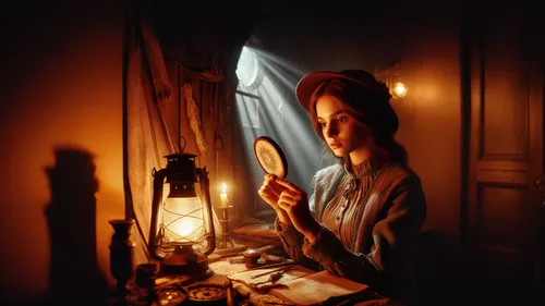 girl studying,girl in the kitchen,woman holding pie,the girl in nightie,meticulous painting,mystical portrait of a girl,reading magnifying glass,art painting,painting easter egg,the little girl's room