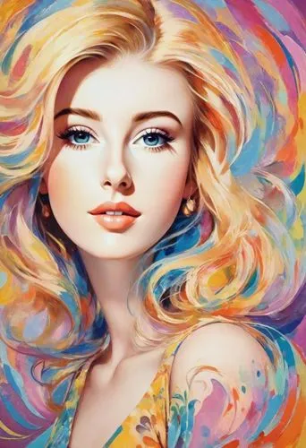 Beautiful blonde lady in a psychedelic abstract style, painted in acrylics, 1960s, colourful, happy, bright,colorful background,blonde woman,boho art,fantasy portrait,art painting,blonde girl,blond gi