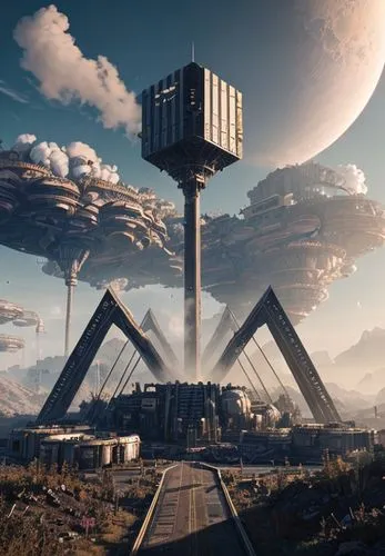 dark cybrpunk landscape, desctruction,cellular tower,sky space concept,metropolis,the hive,solar cell base,futuristic landscape,very large floating structure,district 9,futuristic architecture,colony,