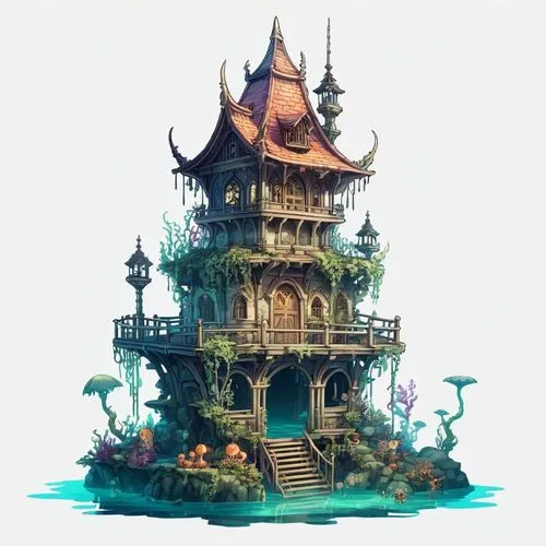 house of the sea,floating island,underwater playground,wishing well,fairy tale castle,floating islands,Illustration,Abstract Fantasy,Abstract Fantasy 11