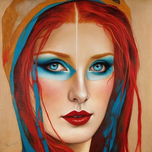 The Woman with beauty blue eyes and red hair. Slightly smiles.,transistor,popart,cool pop art,mystique,colour pencils,chalk drawing,color pencils,pop art woman,coloured pencils,colored pencils,pop art