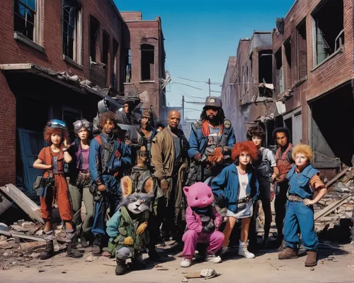 In a post-apocalyptic world, an 80s cartoon character teams up with a group of survivors to rebuild society and overcome challenges.,slum,slums,the style of the 80-ies,album cover,cd cover,city youth,