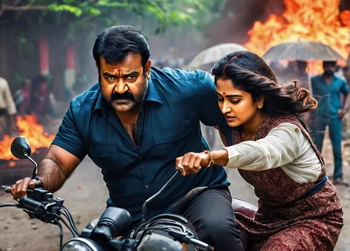 Design a high-stakes action sequence where Mohanlal and an actress must escape a dangerous chase in a crowded city.,mass,mass start,chitranna,chennai,ban on driving,uttapam,pathiri,action film,kabir,d