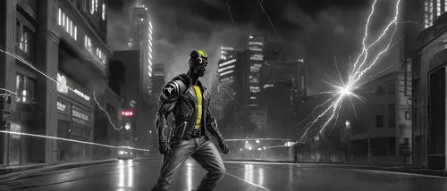 hiperrealismo, tecnologia, 4k, Static shock hero , distopic,world digital painting,man holding gun and light,superhero background,sci fiction illustration,man with umbrella,trespassing,pedestrian,ligh