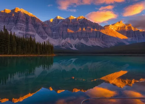 Sunrise reflections in Herbert Lake, allegedly the warmest lake in the entire Canadian Rockies, even sporting a diving board!,banff national park,bow lake,canadian rockies,emerald lake,jasper national