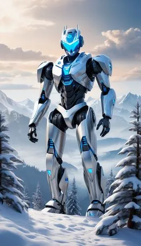 Mountain AI, futuristic robot, metallic silver body, glowing blue circuits, sharp angular limbs, bright LED eyes, standing on a snowy mountain peak, misty fog surrounding, pine trees covered in snow, 