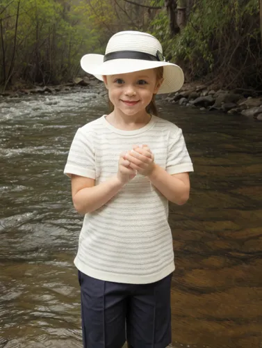 Wearing a small hat, in the background of a river and beautiful vegetation,fly fishing,girl wearing hat,river cooter,baby & toddler clothing,hat womens filcowy,stetson,panama hat,the blonde in the riv