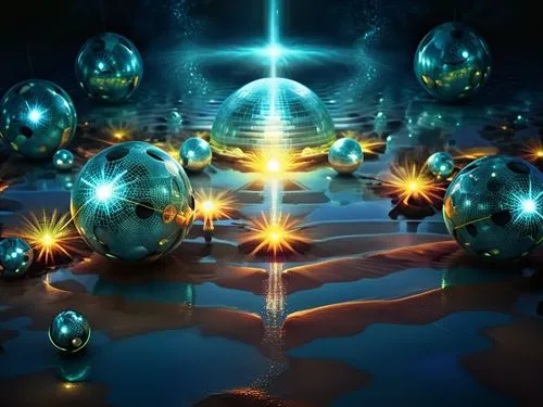 amazing  fractal,a blue sphere surrounded by crystal spheres and a bright light,fractal lights,blue spheres,fractal environment,light fractal,spheres,fractals art,Illustration,Realistic Fantasy,Realis