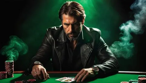 gambler,poker set,poker,dealer,gamble,poker table,dice poker,magician,game illustration,smoking man,blackjack,mafia,snooker,green jacket,rotglühender poker,roulette,carom billiards,nine-ball,poker chips,roll the dice,Illustration,Abstract Fantasy,Abstract Fantasy 21