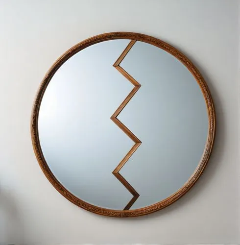 A mirror frame made of wood against a white background ,a mirror reflecting a ed up wall,circle shape frame,wood mirror,semi circle arch,music note frame,embroidery hoop,chair circle,Photography,Gener