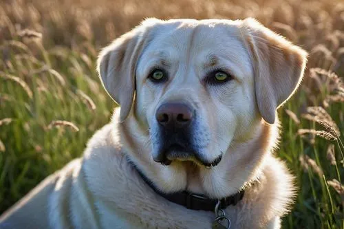 Friendly labrador, green eyes, floppy ears, fluffy fur, wagging tail, sitting, outdoor, grassland, sunny day, warm lighting, shallow depth of field, detailed fur texture, realistic, cinematic composit