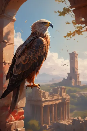 With a gentle breeze blowing through the ancient ruins, a red kite perched at the edge, observing the world.,meteora,ancient city,ancient rome,rome 2,bird kingdom,gryphon,egyptian vulture,harris's haw