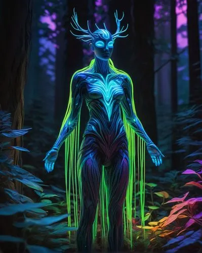 neon body painting,glowing antlers,cernunnos,wendigo,patronus,syglowski,forest animal,druidic,windigo,forest man,dryad,faerie,archdruid,bioluminescent,druid,bodypainting,spriggan,deer illustration,eidolon,forest dark,Photography,Artistic Photography,Artistic Photography 02