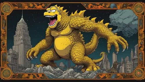 godzilla,king kong,saurian,landmannahellir,cynorhodon,skordalia,tyrannosaurus,tyrannosaurus rex,gorgonops,kong,dinosaruio,trex,drexel,gargoyle,stud yellow,monstrosity,child monster,griffon bruxellois,muggar crocodile,basilisk,Illustration,Retro,Retro 03