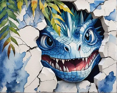 grim dragon popping out of cracked wall, white ceramics wall, bright blue eyes photography,painted dragon,dinokonda,baragon,trishula,blue tiger,dragados,ryuk,gwangi,jaggi,artabazus,dodaro,dragao,ginos