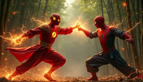 A realistic, high definition, 32k full body photo of Flash from the Lightning Crane School versus Spider-Man from the Web Fist School, Flash in red and gold silk robes, his fists wrapped in lightning-