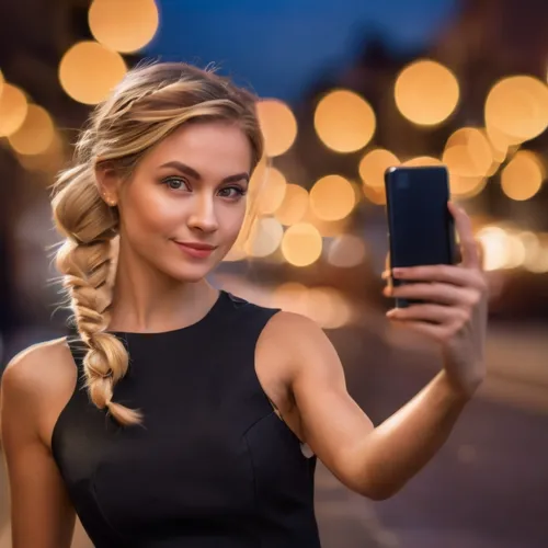 Create a digital art film about a resort called Sky & Sea Resort, which has a retro atmosphere from 50 years ago, but is surrounded by dozens of luxury hotels.,girl making selfie,woman holding a smart