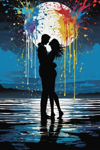 silhouette art,vintage couple silhouette,couple silhouette,rainbow jazz silhouettes,dance silhouette,fireworks art,fireworks background,paint splatter,art silhouette,confetti,rainbow background,romantic scene,dancing couple,two people,ballroom dance silhouette,kissing,love in the mist,tango,argentinian tango,umbrellas,Conceptual Art,Graffiti Art,Graffiti Art 08