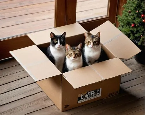 Whimsical pair of cats emerges from a new cardboard box, a clear 'BuySellBid.com' logo written on the box, as if it's been hibernating within the packaging, surrounded by a wooden porch,packages,cardb