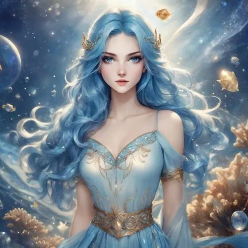 a woman with blue hair is surrounded by ocean waves,zodiac sign libra,blue enchantress,horoscope libra,aquarius,zodiac sign gemini,amphitrite