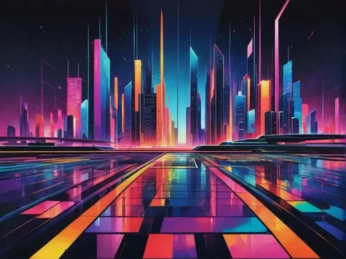 futuristic landscape,digitalism,cybercity,synth,colorful city,cityscape,hypermodern,metropolis,cyberscene,wavevector,neon arrows,kaleidoscape,cyberworld,cybertown,cyberport,abstract retro,tron,digiart,polara,cyberia,Illustration,Vector,Vector 07