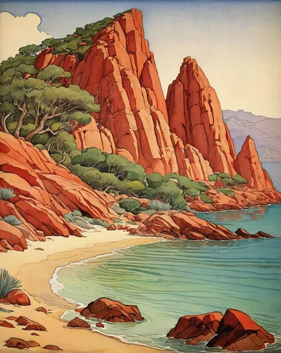 beach landscape,coastal landscape,landscape with sea,ayersrock,navajo bay,red cliff,sandstone rocks,travel poster,cliff beach,mountain beach,edward lear,sea landscape,sand coast,beach scenery,rocky coast,aphrodite's rock,rocky hills,robert duncanson,cool woodblock images,orange bay,Illustration,Retro,Retro 19