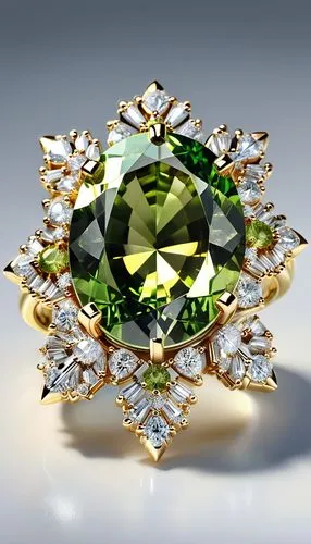 Nhẫn vàng với đá Peridot kiểu bông tuyết trên nền nhung trắng ,mouawad,diopside,ring with ornament,aaa,diamond ring,gemology,aaaa,emeralds,gold diamond,diamond jewelry,birthstone,faceted diamond,bouch