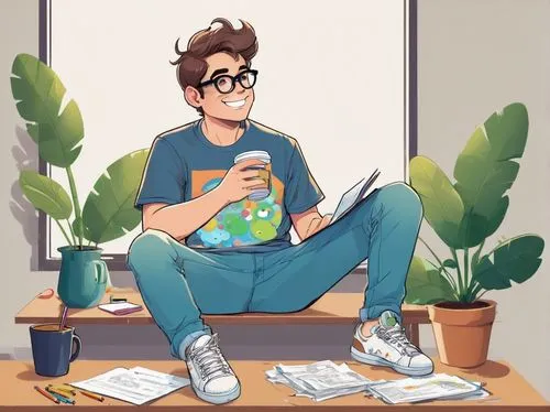 Coby Whitmore, illustrator, male, 30s, bespectacled, messy brown hair, casual attire, graphic t-shirt, ripped jeans, sneakers, sitting, desk, scattered papers, pens, pencils, illustration boards, coff