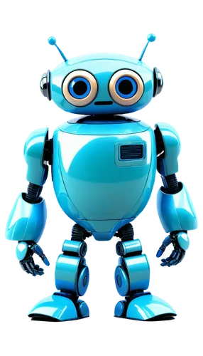 Cartoonish robot, shiny metallic body, blooper beep sound effect, bright blue screen eyes, curved antennae, rounded edges, colorful buttons, glowing blue circuits, sleek legs, standing pose, 3/4 compo