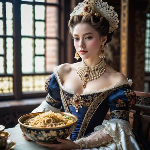 1girl, bare shoulders, bowl, chopsticks, food, indoors, jewelry, necklace, noodles, off shoulder, photo \(medium\), ramen, sitting, solo, striped,elizabeth i,tudor,woman holding pie,girl with cereal b