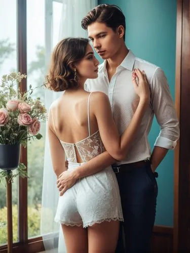 Create an elegant couple in love that will show off your best work.,a beautiful young woman leaning her head against a man's shoulder,guayabera,tango argentino,young couple,argentinian tango,efron,ant