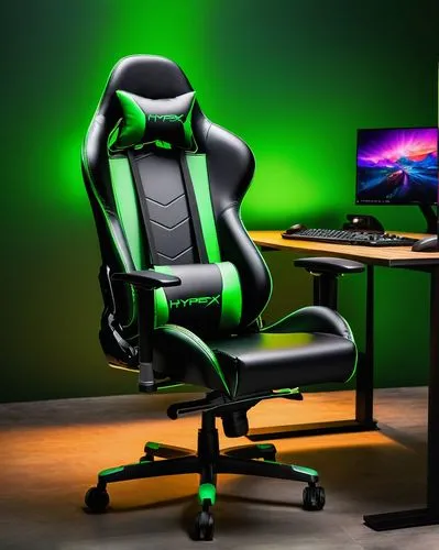 Gamer, male, young adult, sitting, professional gaming chair, ergonomic design, black leather, metal frame, RGB lights, gaming desk, wooden surface, dual monitors, 24 inches, curved screens, high refr