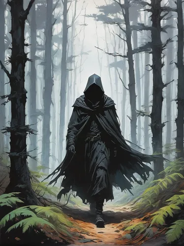 hooded man,grimm reaper,the wanderer,cloak,grim reaper,forest man,wanderer,forest path,scythe,cg artwork,the path,pall-bearer,druid grove,black shepherd,reaper,the mystical path,pilgrimage,sci fiction illustration,hollow way,wander,Conceptual Art,Fantasy,Fantasy 08