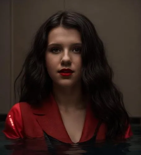 a portrait half body of a beautiful Millie Bobby Brown 22 years old black hair red lips wearing a black top stand up in a pool of a  hotel as background in 4k,the girl in the bathtub,red coat,in water