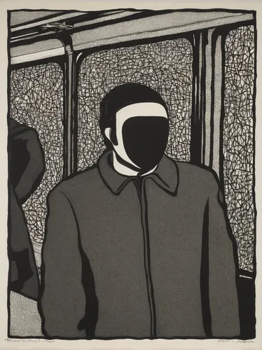 On a crowded train, a shy guy realizes he left his mask at home. Capture his panic and his desperate search for a solution.,balaclava,respirators,woodcut,surgical mask,respirator,ventilation mask,mask