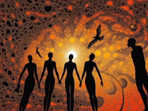 fractal sunset at africa,abductees,sci fiction illustration,voladores,extraterrestrials,inhabitants,torchbearers,individuos,nibiru,silhouette art,halloween silhouettes,unification,hertzfeldt,neohumani