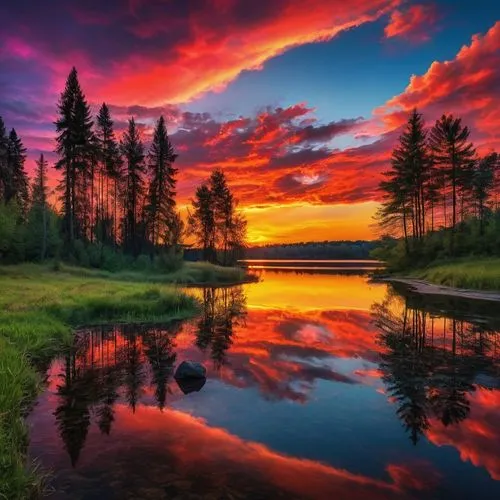 there is a beautiful sunset with a lake and trees in the background, colorful skies, surreal colors, colorful sunset, colorful sky, marvellous reflection of the sky, stunning sky, dream like atmospher