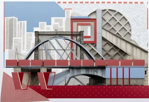 frontal composition of geometric shapes, lines on the theme of a bridge in the city,a bridge in the middle of a city,constructivism,archigram,constructivist,melnikov,europan,mvrdv