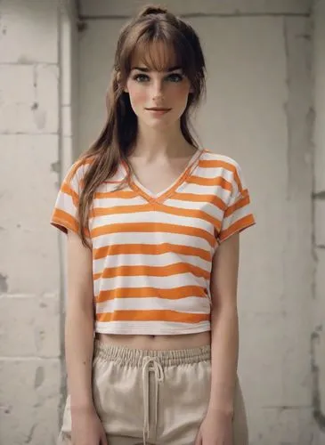 horizontal stripes,orange,striped background,cotton top,stripes,striped,teen,stripe,suspenders,orange half,retro girl,tee,polo shirt,fizzy,orange color,retro woman,crop top,in a shirt,porcelain doll,bright orange,Photography,Natural