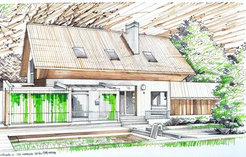 wood turn to brown colors. Windows are blue/ gras and tree is green.
 All of the sketch made this the markers,passivhaus,house drawing,sketchup,homebuilding,cohousing,houses clipart,exterior decoratio