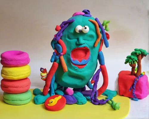 Craft a suspenseful and thrilling coverr image.,play-doh,play doh,plasticine,play dough,clay animation,three-lobed slime,lardy cake,clay doll,sugar paste,marzipan figures,cruller,colored icing,lolly c