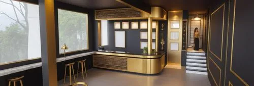 one lukcheri coffee shop with wall paper black and gold,railway carriage,hallway space,spaceship interior,3d rendering,railcar,train car,train compartment,render,rail car,metallic door,walk-in closet,