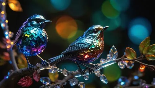 Highly detailed shot of an (((iridescence))) crystal sculpture in the shape of a European robin on a crystal tree branch, often associated with the arrival of spring. In folklore, the robin is sometim