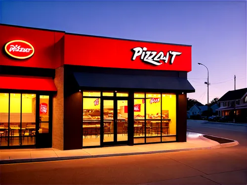 Pizza Hut store front, building exterior, red roof, yellow logo, glass doors, modern architecture, evening scene, neon lights, shallow depth of field, 3/4 composition, warm color tone, cinematic light