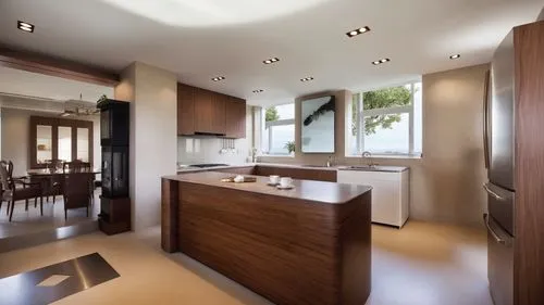 Inside a sleek and modern kitchen, a marble countertop made entirely of rich mahogany wood sits in the center of a wooden table. The wooden grain glistens, showcasing the warmth of the sun. Tears stre