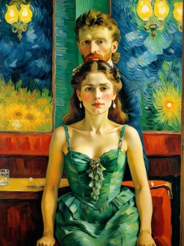 Entertainers in a Parisian nightclub.. Let the motif appear as a French impressionist painting as if it had been painted by Vincent van Gogh.,a man and woman in a green dress sitting down,renoirs,youn