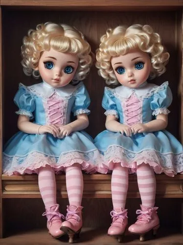 Creepy twin dolls, porcelain skin, identical facial expressions, pale blue eyes, curly blonde hair, frilly pink dresses, lace socks, patent leather shoes, sitting on a wooden shelf, dimly lit room, ol